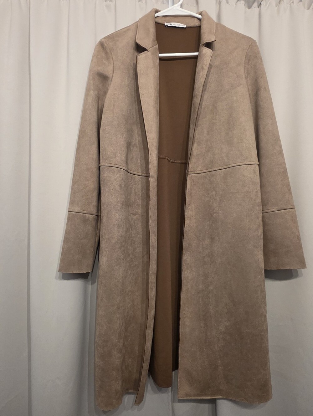 Zara Faux Suede Long Open Front Coat Duster Taupe Mocha Blazer Collar XS